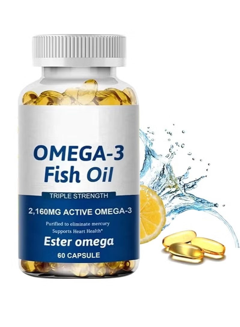 أوميغا زيت السمك أوميغا 3، قوة ثلاثية، 2160 ملغ أوميغا 3 النشط، ثلاثي الجليسيريد EPA و DHA. دعم القلب والدماغ والمفاصل، دعم الأوعية الدموية الدموية، صيانة وظيفة القلب والدماغ الطبيعية زيت السمك النقي، 60 كبسولة - Image 1